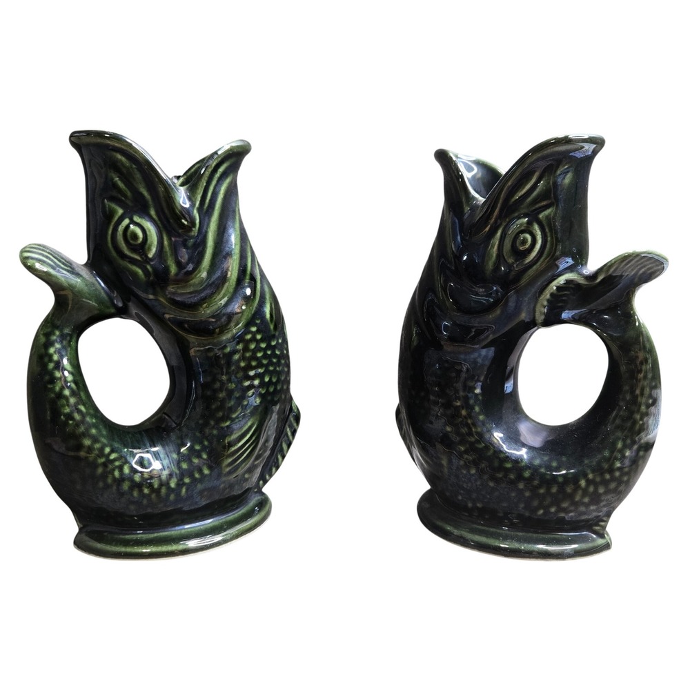 Vintage Fosters Studio Pottery Ceramic Fish Glugggle Jug Vase Black 2pc Set